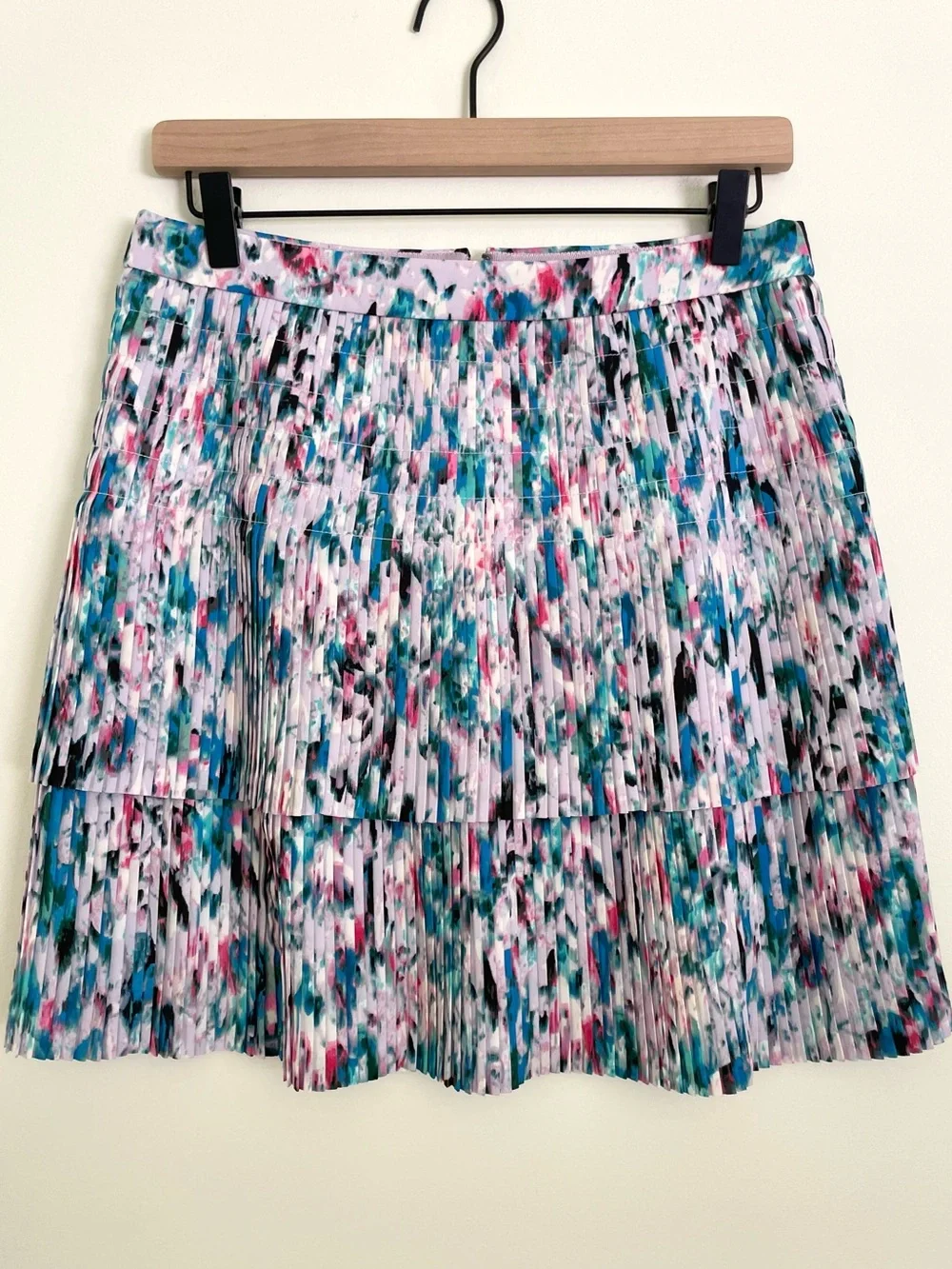 J. Crew Tiered Watercolor Pleated Mini Skirt - Pink, Teal & Black